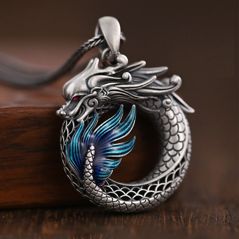 999 Sterling Silver Dragon Necklace with Peace Buckle for Auspicious Success