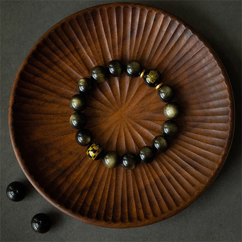 Bracelet de protection du zodiaque chinois en obsidienne dorée brillante 12 mm