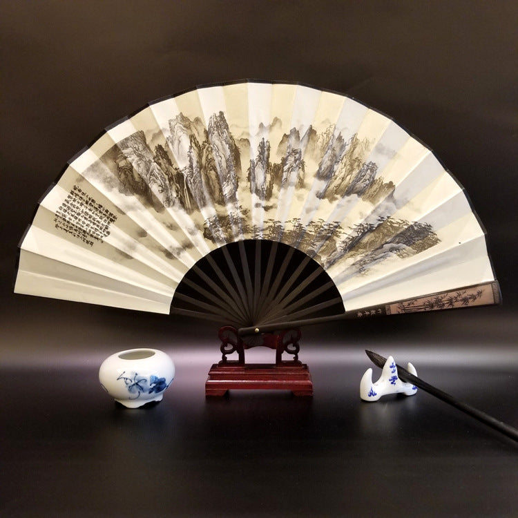 33.5cm Chinese Bamboo Folding Fan with Great Wall Pattern