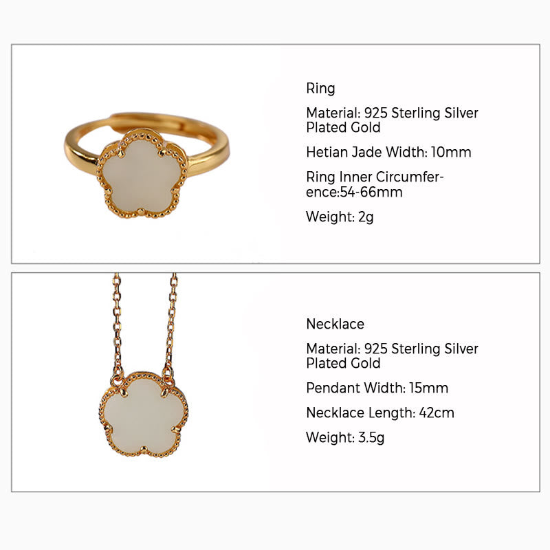 Hetian Jade Flower Necklace & Ring Set in Sterling Silver Gold Plated for Luck