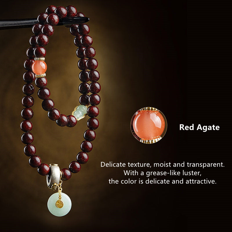 Chinese Zodiac Bracelet with Small Leaf Red Sandalwood & Jade for Protection