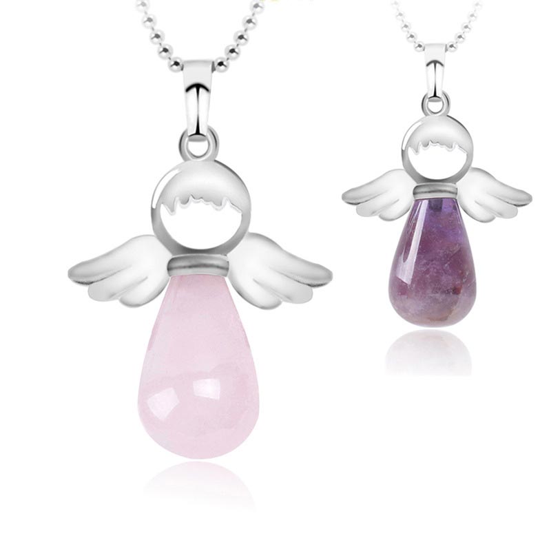 Natural Crystal Luck Necklace with Angel Wings Pendant