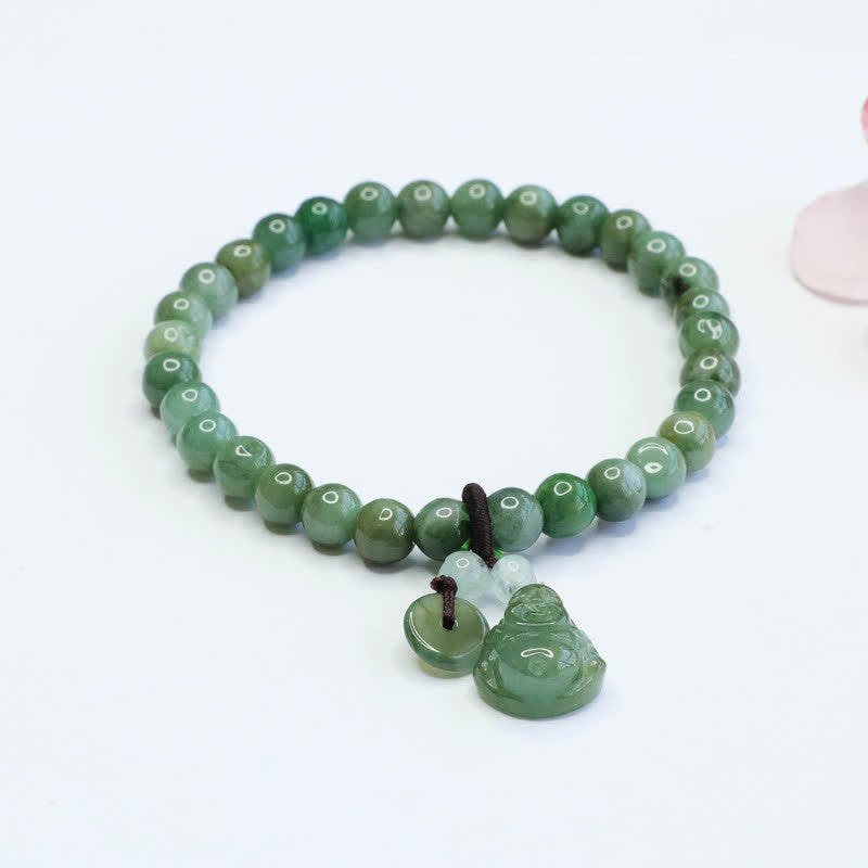 Cyan Jade Buddha Bracelet with Laughing Buddha Charm for Healing