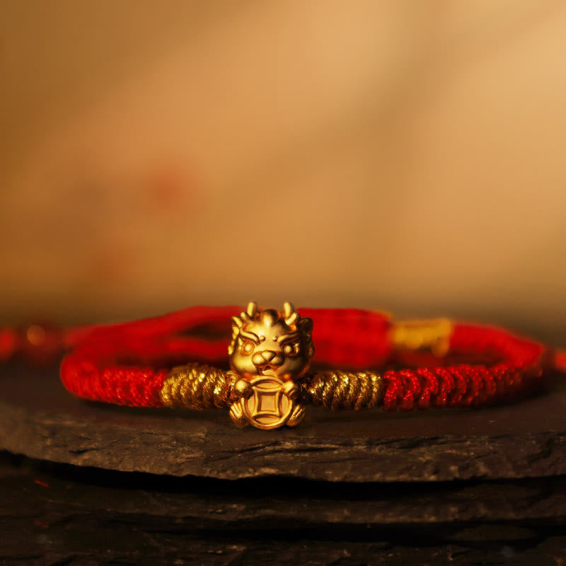 999 Sterling Silver Dragon Bracelet with Red String for Luck & Protection