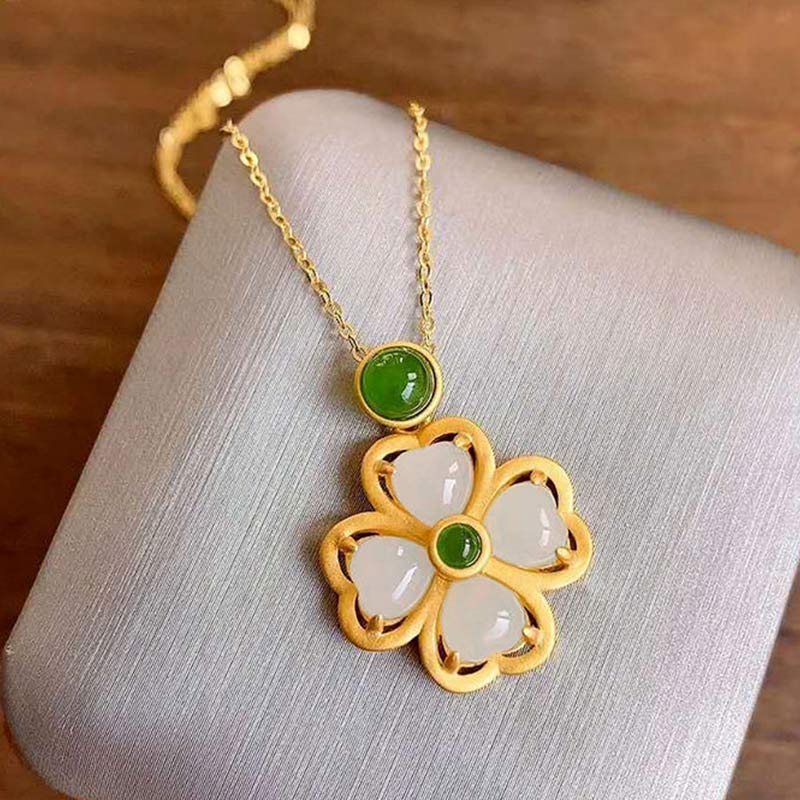 925 Sterling Silver Lucky Four Leaf Clover Jade Necklace | Prosperity & Luck