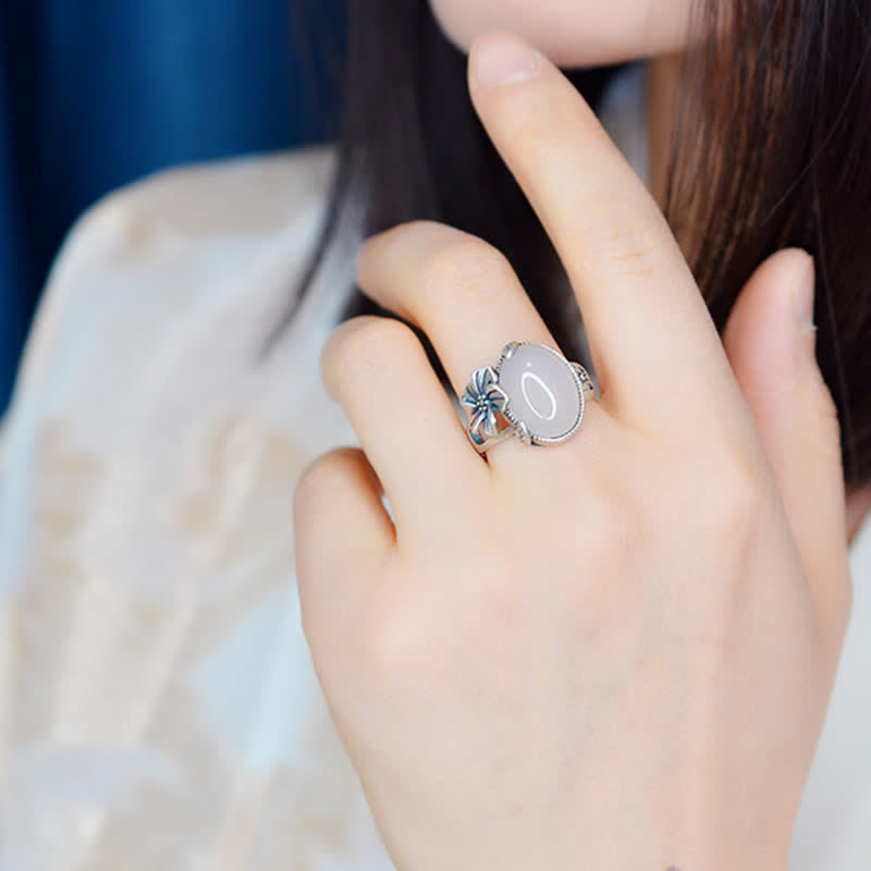 Bague d'harmonie positive en argent sterling 990 et calcédoine prune