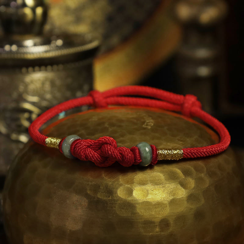 Adjustable Jade Luck Knot Bracelet with Red Feng Shui String