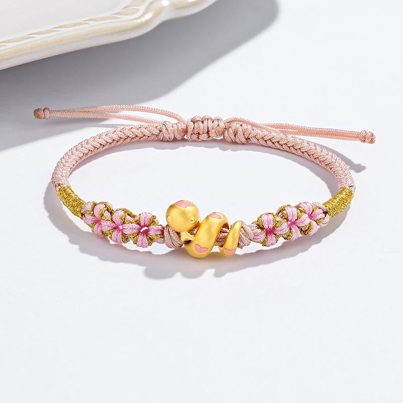 Bracelet porte-bonheur en corde rose serpent en or 999
