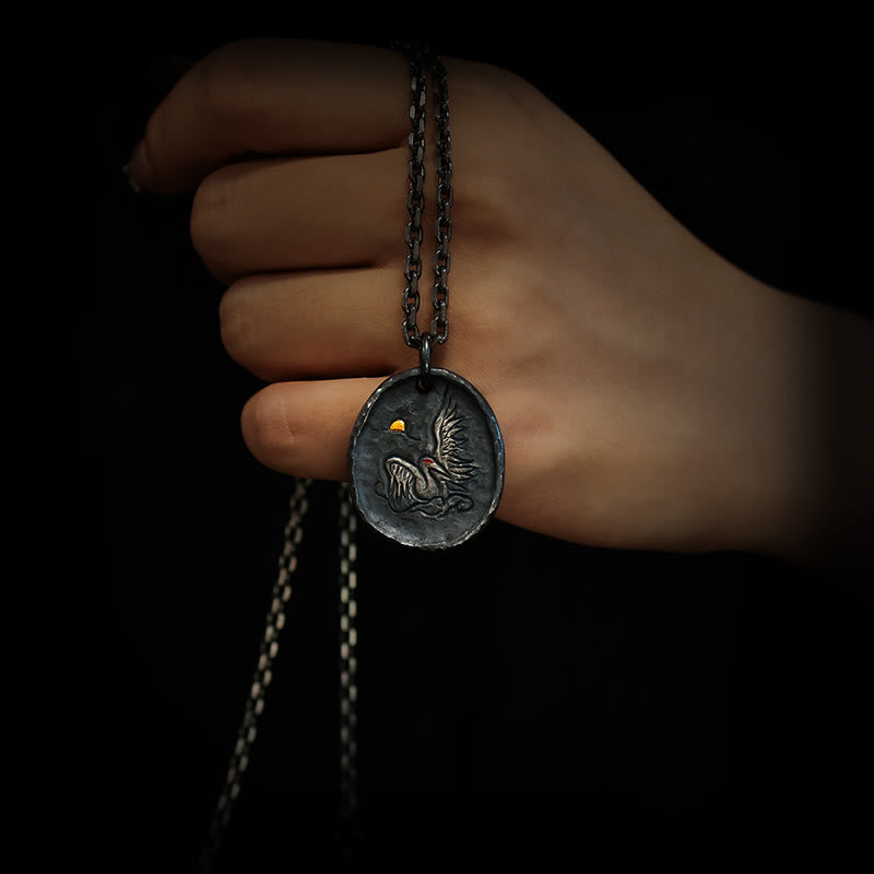 Pendentif grue en argent sterling 999 et or 24 carats, nuages ​​de bon augure