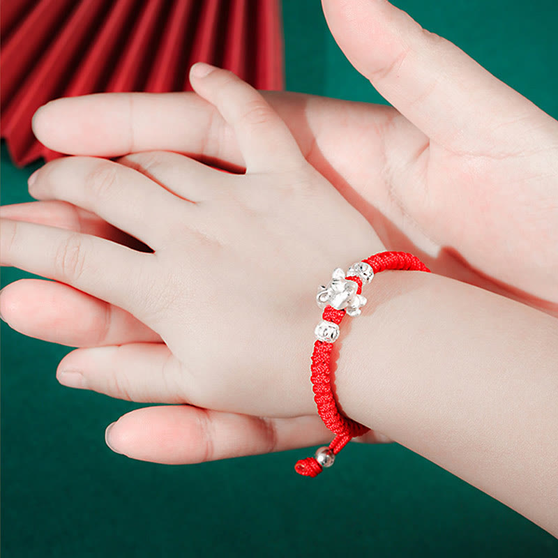 Bracelet porte-bonheur en argent sterling 999 avec corde rouge et signe du zodiaque chinois pour enfants