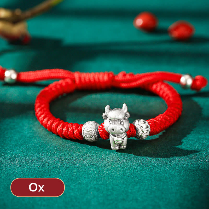 Bracelet porte-bonheur en argent sterling 999 avec corde rouge et signe du zodiaque chinois pour enfants