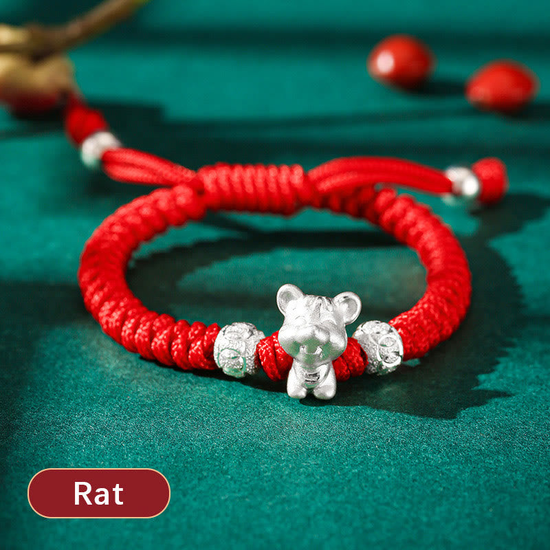Bracelet porte-bonheur en argent sterling 999 avec corde rouge et signe du zodiaque chinois pour enfants