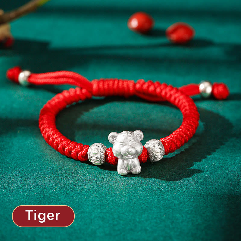 Bracelet porte-bonheur en argent sterling 999 avec corde rouge et signe du zodiaque chinois pour enfants