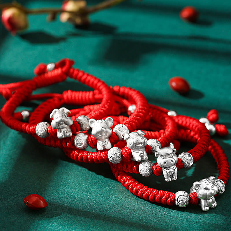 Bracelet porte-bonheur en argent sterling 999 avec corde rouge et signe du zodiaque chinois pour enfants