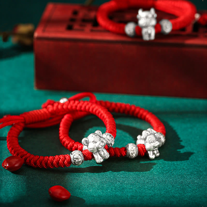 Bracelet porte-bonheur en argent sterling 999 avec corde rouge et signe du zodiaque chinois pour enfants