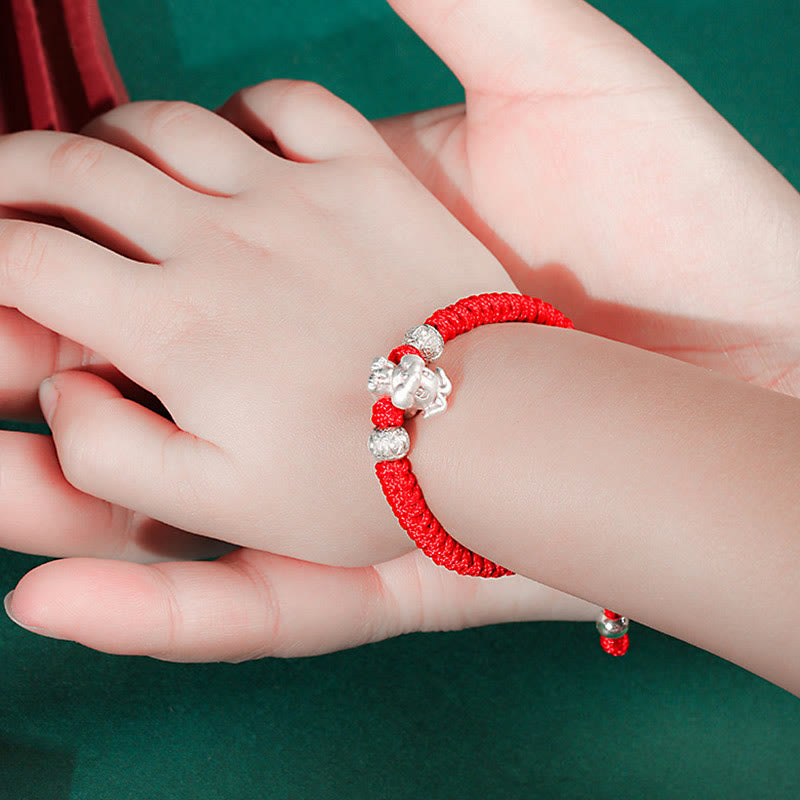 Bracelet porte-bonheur en argent sterling 999 avec corde rouge et signe du zodiaque chinois pour enfants