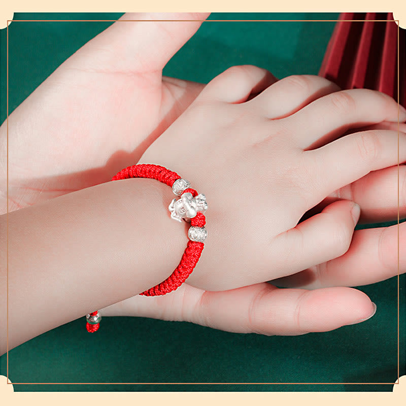 Bracelet porte-bonheur en argent sterling 999 avec corde rouge et signe du zodiaque chinois pour enfants