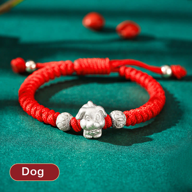 Bracelet porte-bonheur en argent sterling 999 avec corde rouge et signe du zodiaque chinois pour enfants