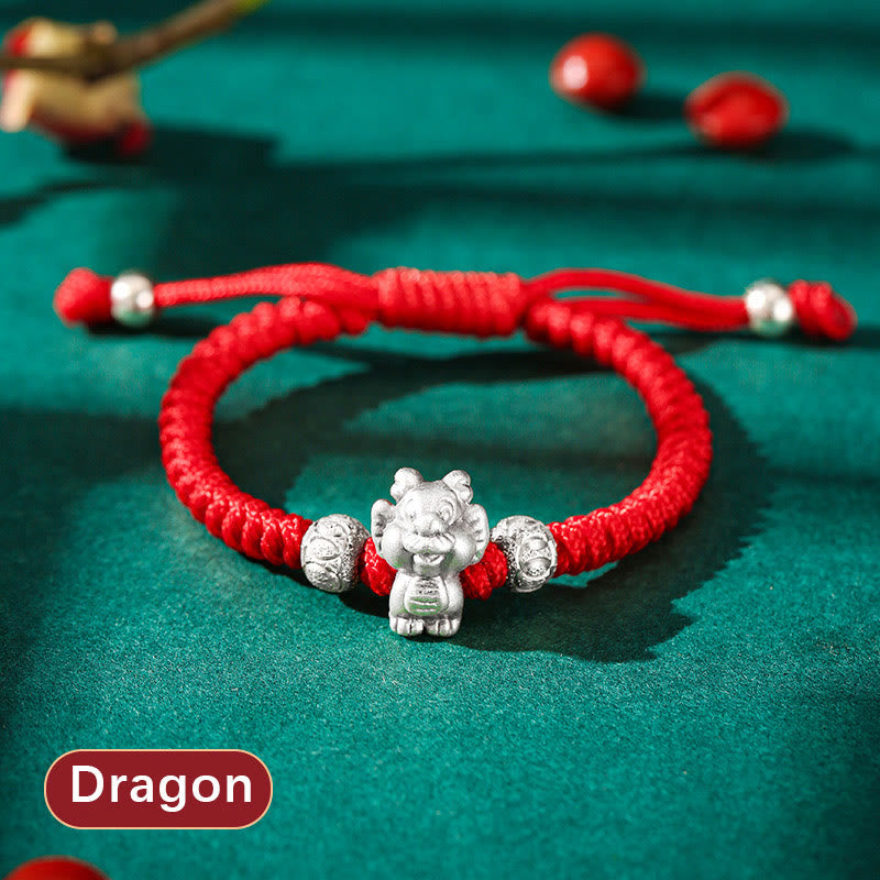 Bracelet porte-bonheur en argent sterling 999 avec corde rouge et signe du zodiaque chinois pour enfants