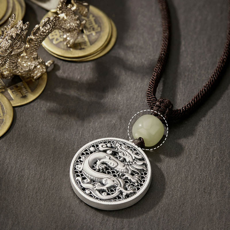 Collier en argent sterling 999 avec pendentif en jade Hetian et dragon Fu