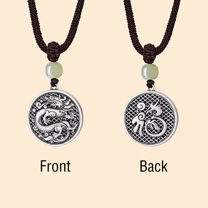 Collier en argent sterling 999 avec pendentif en jade Hetian et dragon Fu