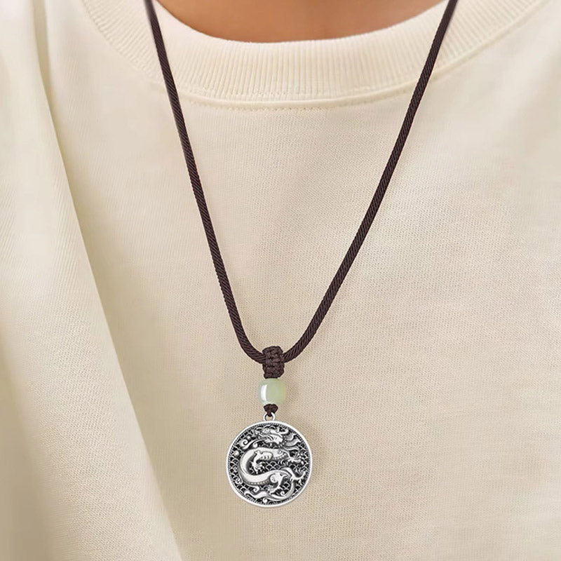 Collier en argent sterling 999 avec pendentif en jade Hetian et dragon Fu
