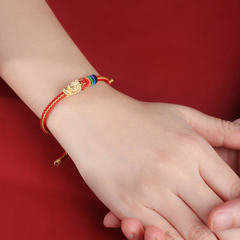 Bracelet porte-bonheur dragon en argent sterling 999 avec corde colorée