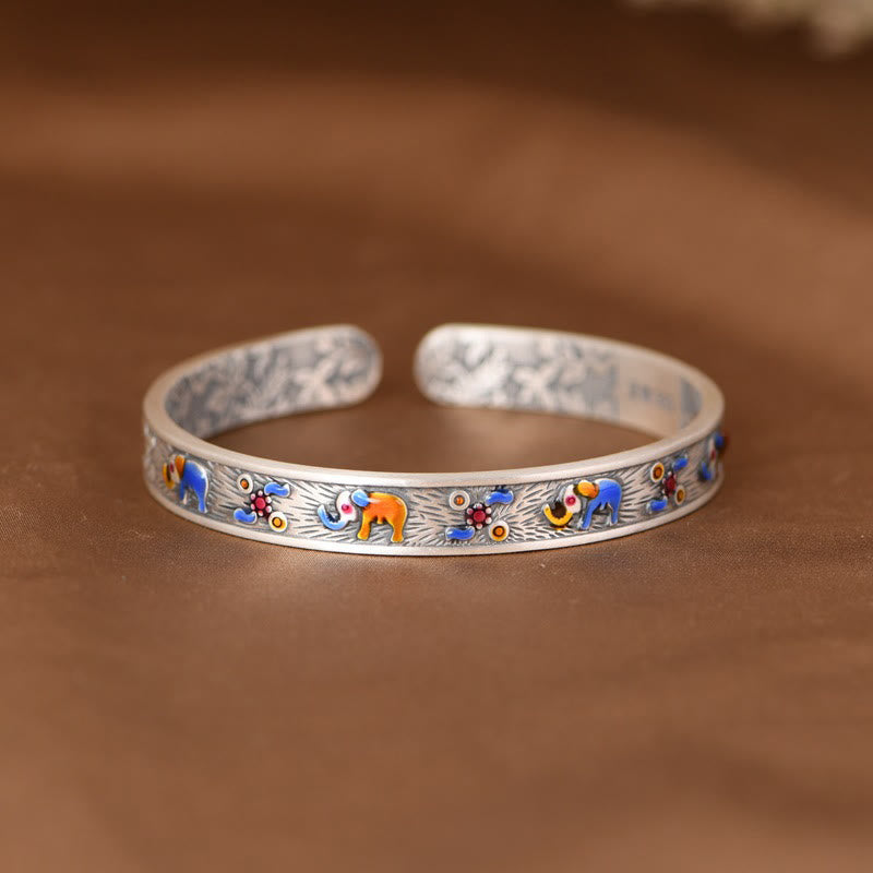 Bracelet manchette en argent sterling 999 avec symbole de force et de sagesse de l'éléphant