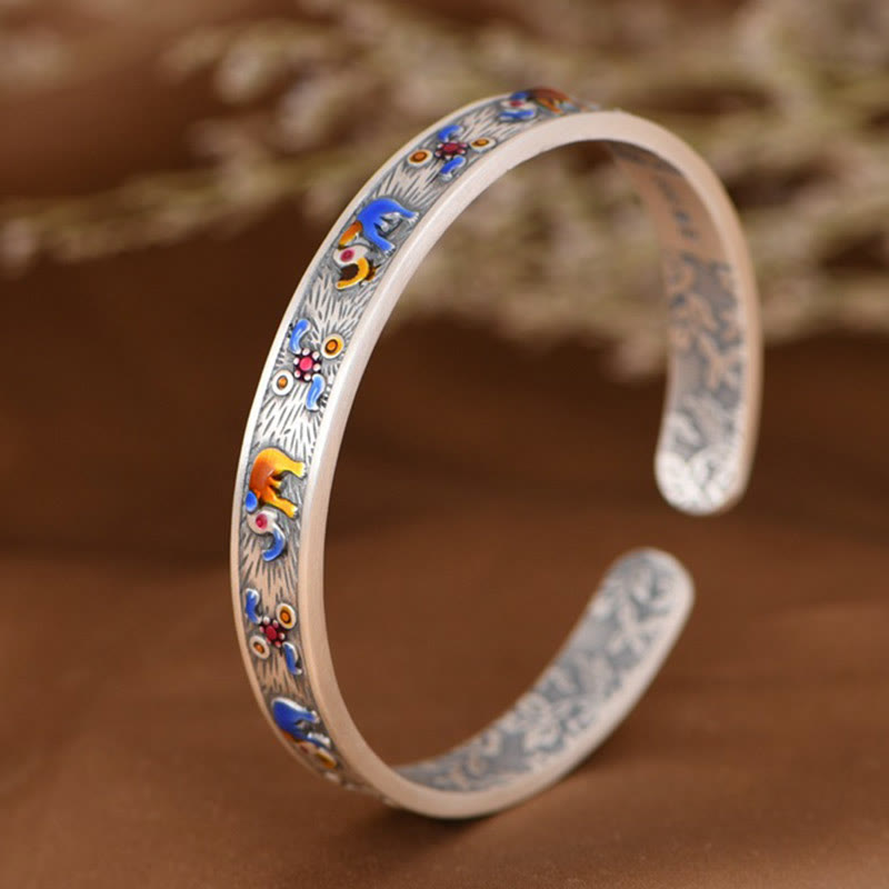 Bracelet manchette en argent sterling 999 avec symbole de force et de sagesse de l'éléphant