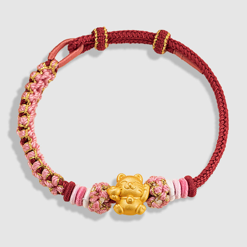 Bracelet en argent sterling 999 avec cordon rouge et chat porte-bonheur