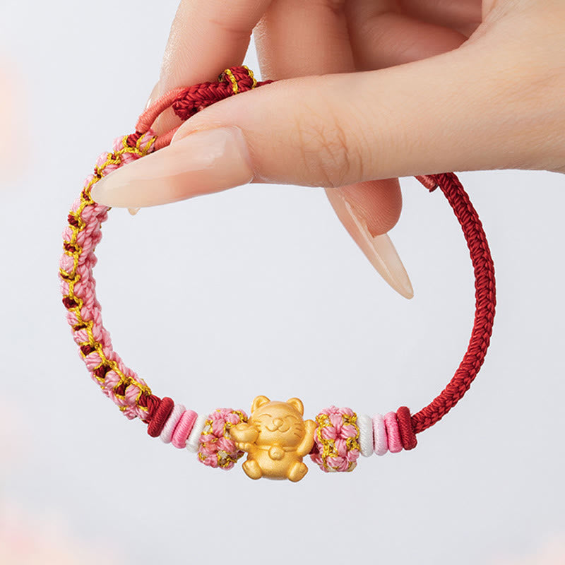 Bracelet en argent sterling 999 avec cordon rouge et chat porte-bonheur
