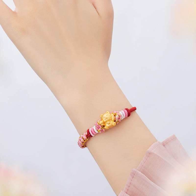Bracelet en argent sterling 999 avec cordon rouge et chat porte-bonheur