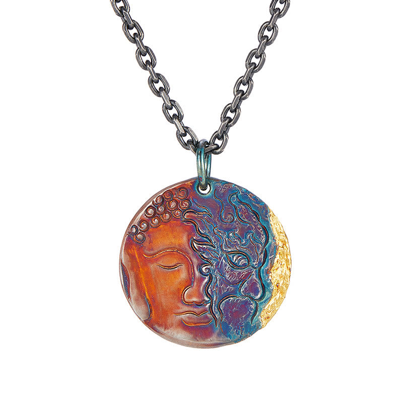 Collier de compassion mi-démon mi-bouddha en argent sterling 999