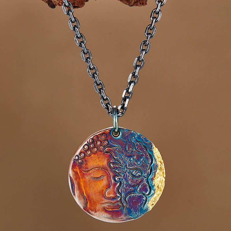 Collier de compassion mi-démon mi-bouddha en argent sterling 999