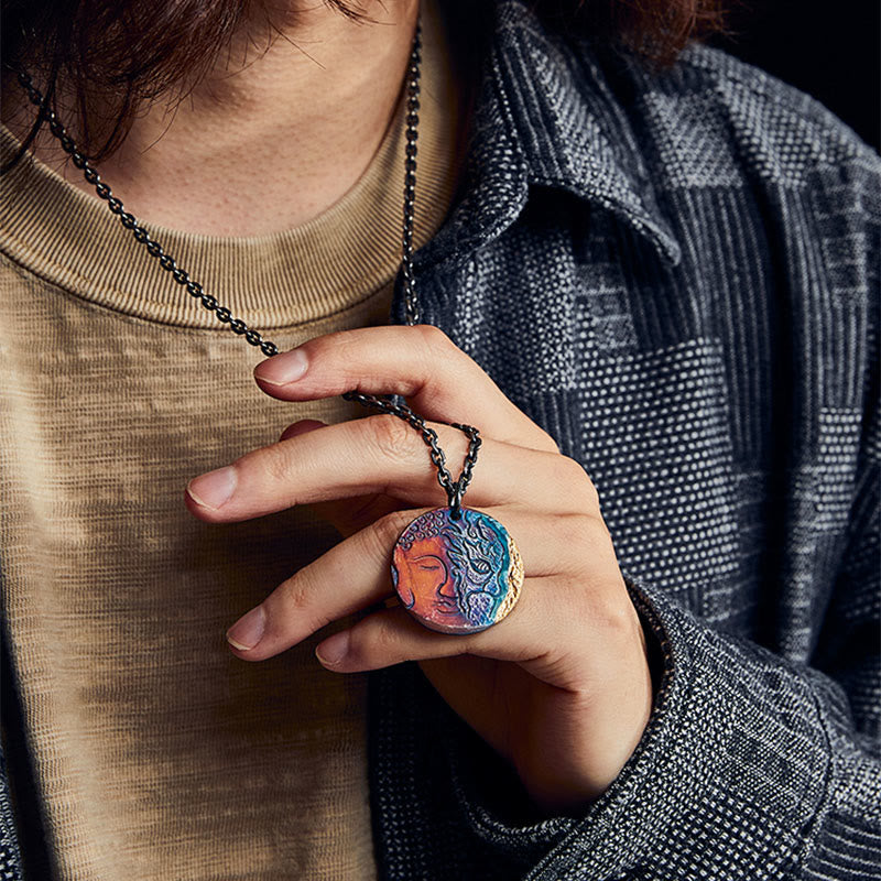 Collier de compassion mi-démon mi-bouddha en argent sterling 999