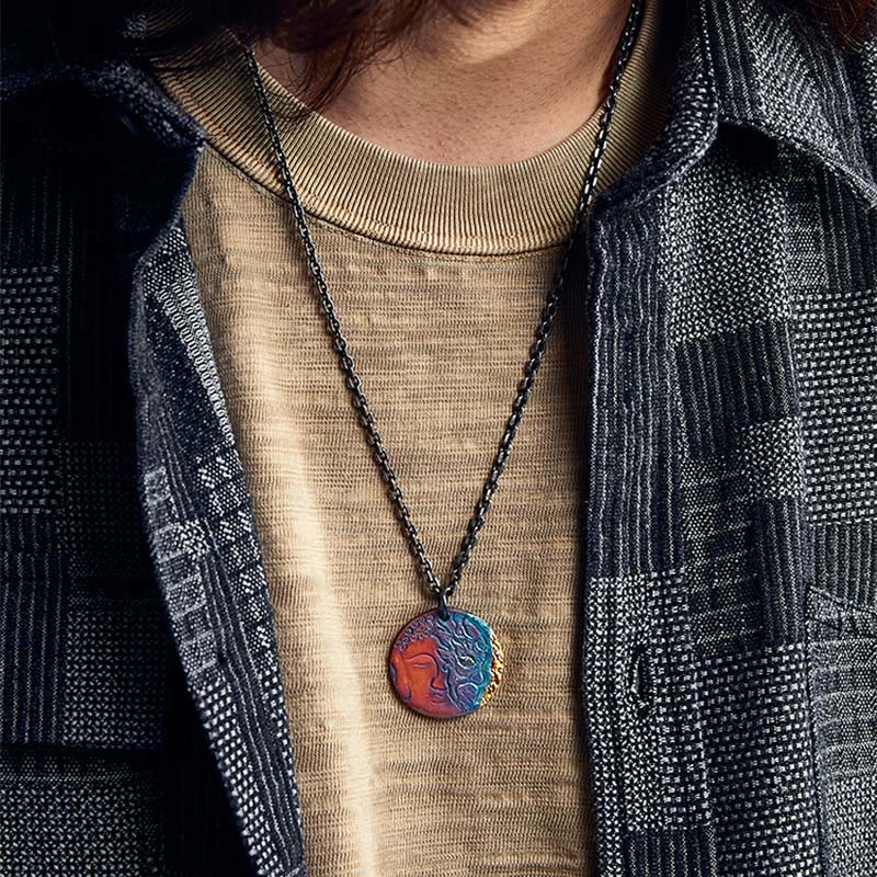 Collier de compassion mi-démon mi-bouddha en argent sterling 999