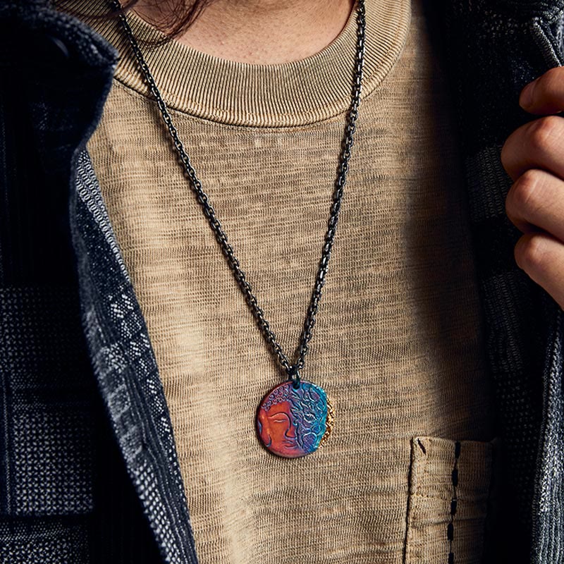 Collier de compassion mi-démon mi-bouddha en argent sterling 999