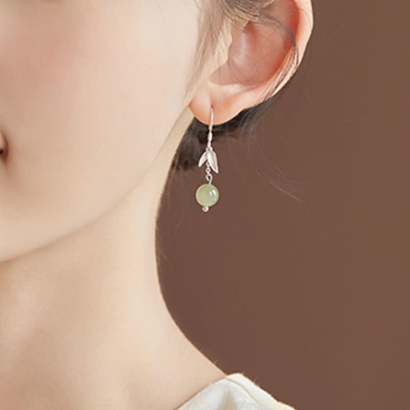 Boucles d'oreilles pendantes porte-bonheur en argent sterling 999 et jade Hetian en forme de feuille de bambou