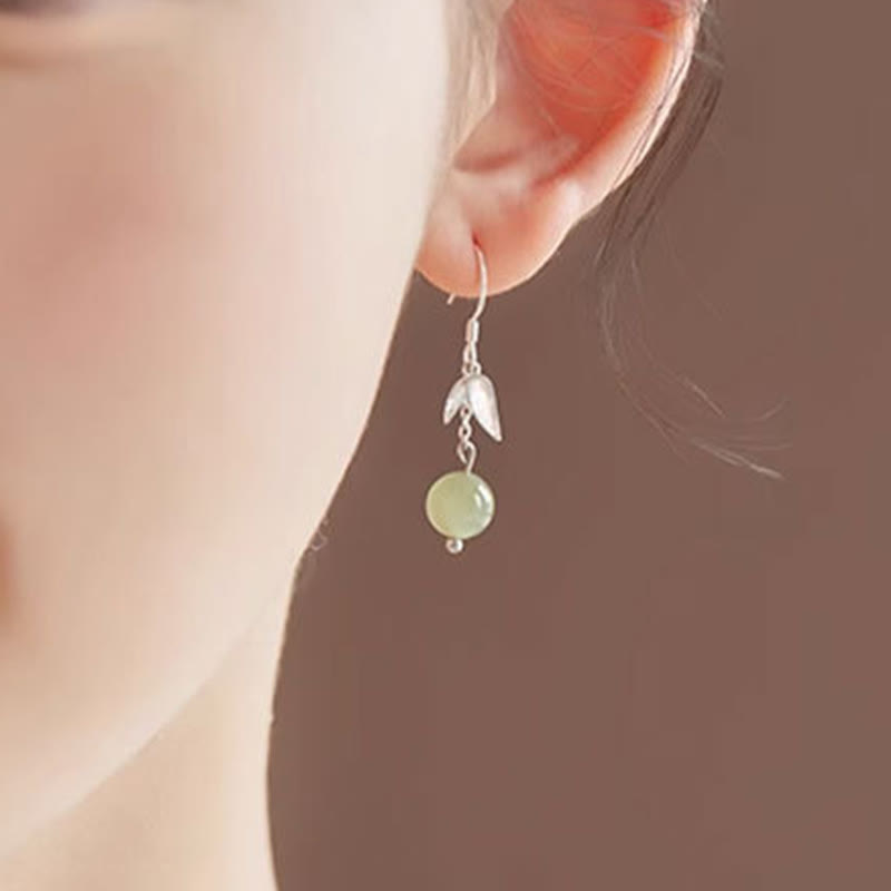 Boucles d'oreilles pendantes porte-bonheur en argent sterling 999 et jade Hetian en forme de feuille de bambou