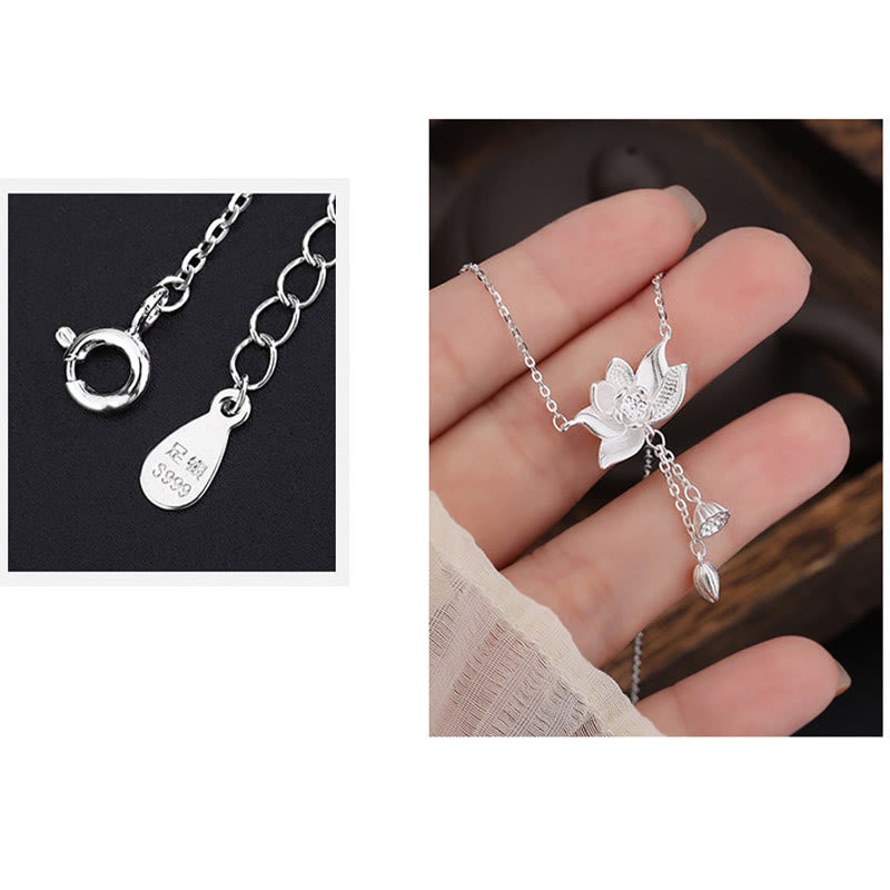 Collier d'illumination en argent sterling 999 avec gousse de fleur de lotus