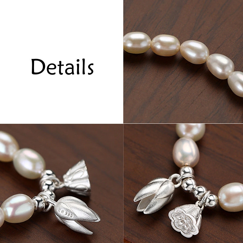 Bracelet de guérison en argent sterling 999 et perles de lotus 14-16 cm