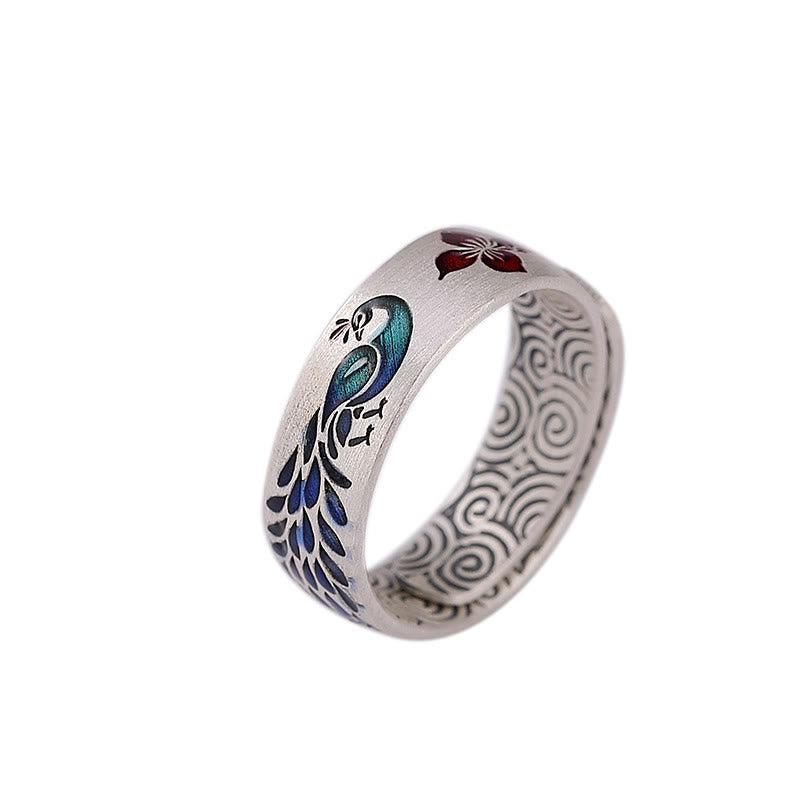 Bague Lotus en argent sterling 999 avec gravure Paon pour la fortune et l'amour