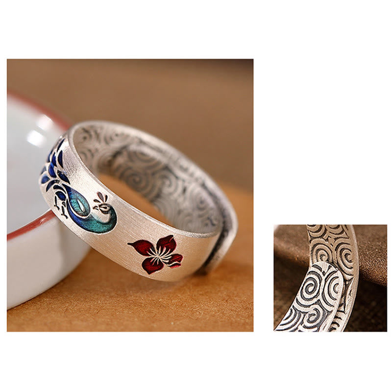 Bague Lotus en argent sterling 999 avec gravure Paon pour la fortune et l'amour