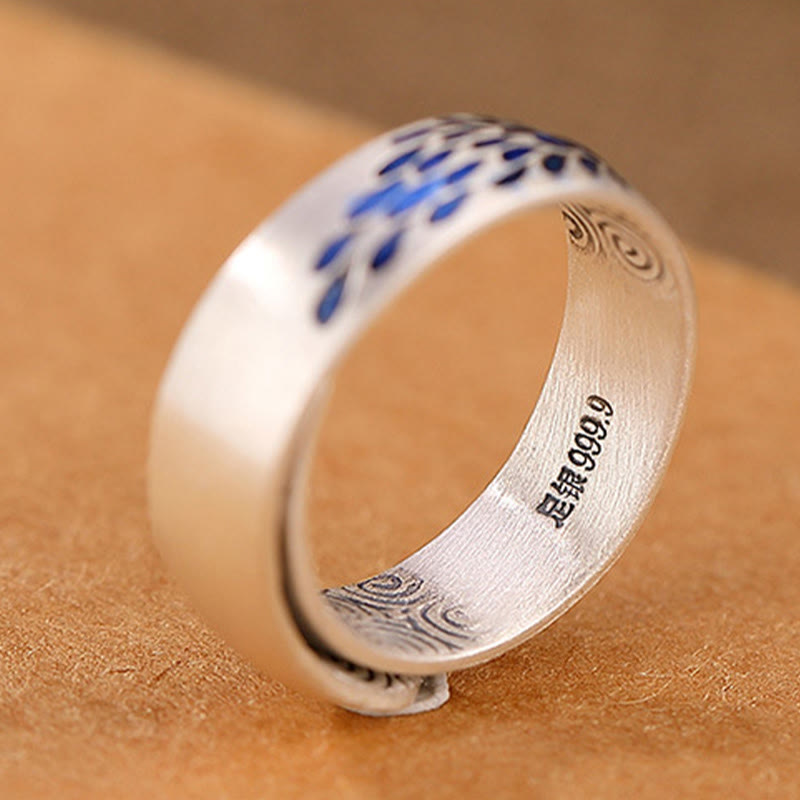 Bague Lotus en argent sterling 999 avec gravure Paon pour la fortune et l'amour