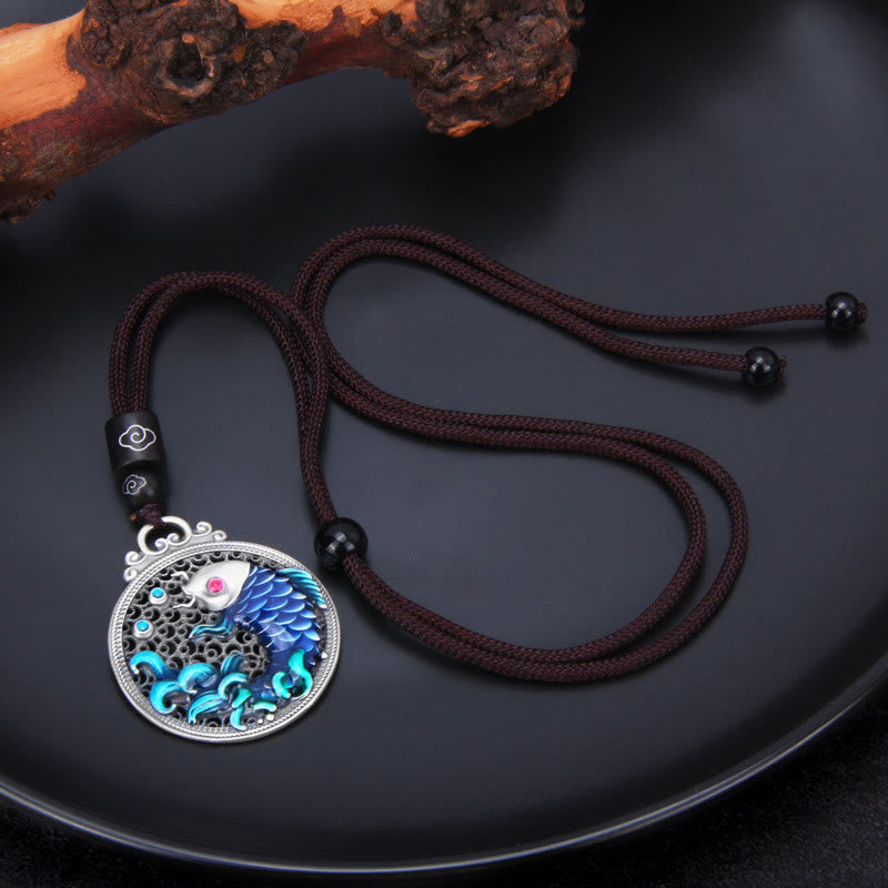 Collier porte-bonheur en argent sterling 999 avec poisson koï et succès