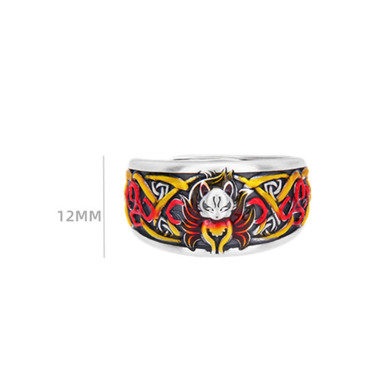 Bague de protection spirituelle en argent sterling 999 avec renard à neuf queues