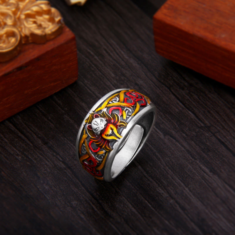 Bague de protection spirituelle en argent sterling 999 avec renard à neuf queues