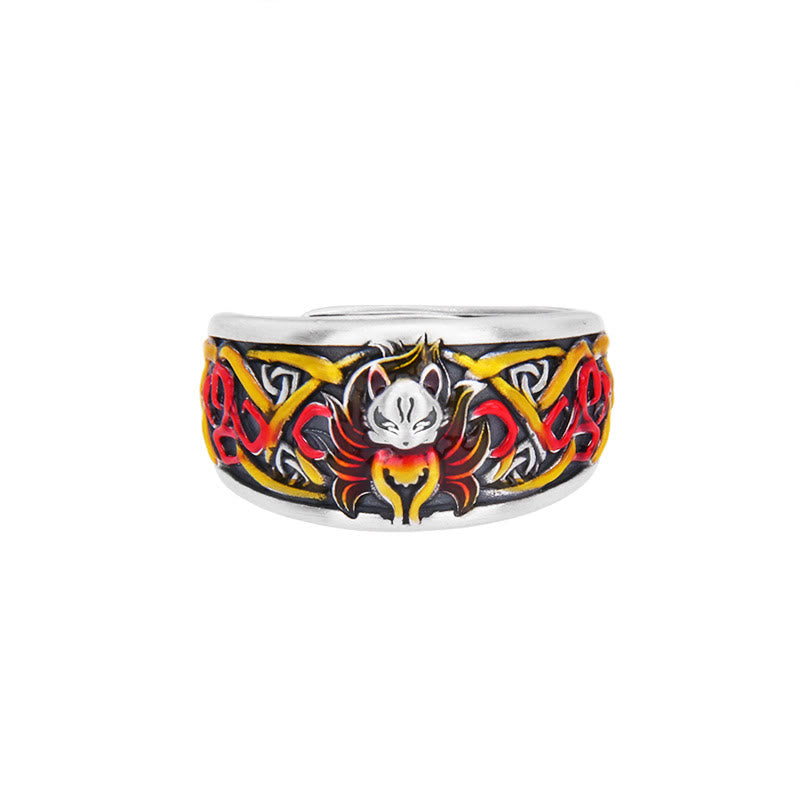 Bague de protection spirituelle en argent sterling 999 avec renard à neuf queues