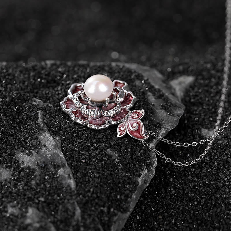 Collier de perles en argent sterling 999 avec pendentif en forme de fleur de pivoine pour la guérison