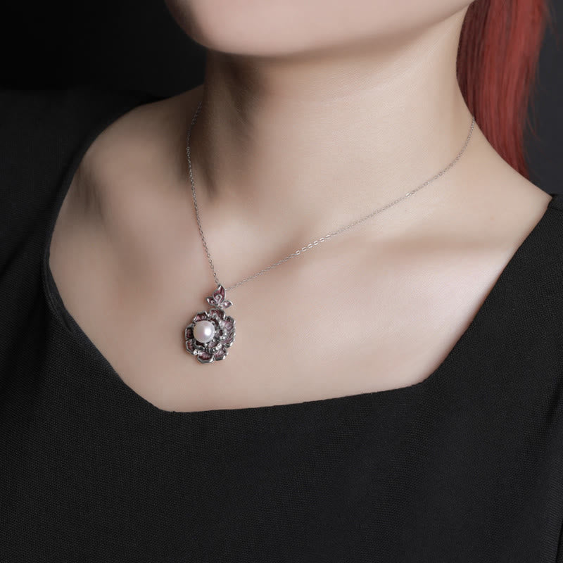 Collier de perles en argent sterling 999 avec pendentif en forme de fleur de pivoine pour la guérison